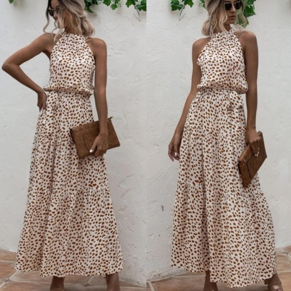 Boho cream brown halter dot belted maxi dress - Picture 2 of 11